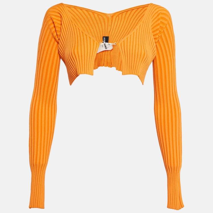Pre Owned Jacquemus Orange Rib Knit Full Sleeve Badge Detail Crop Cardigan M