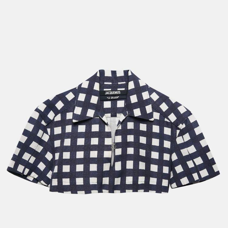 Pre Owned Jacquemus Navy Blue Checkered Silk Blend Le Haut Bebi Crop Top XS
