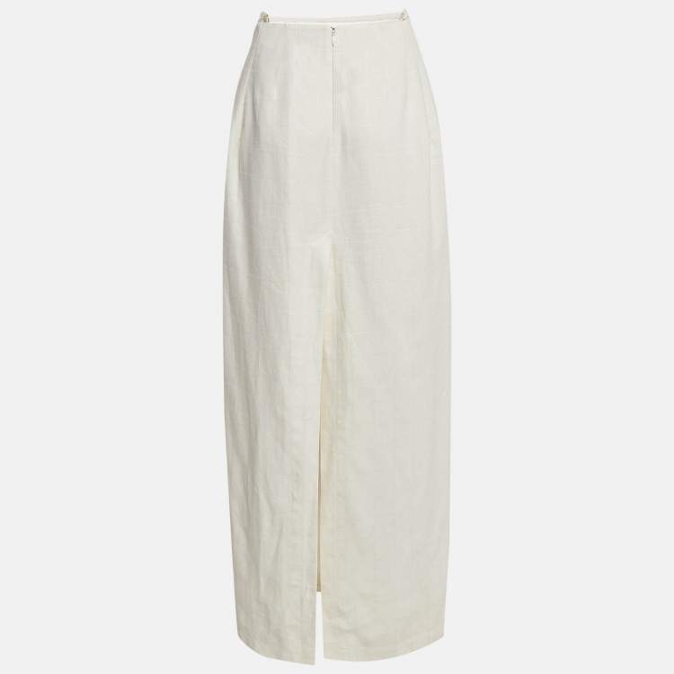 Pre Owned Jacquemus Ivory White Checked Linen L'amour Maxi Skirt M