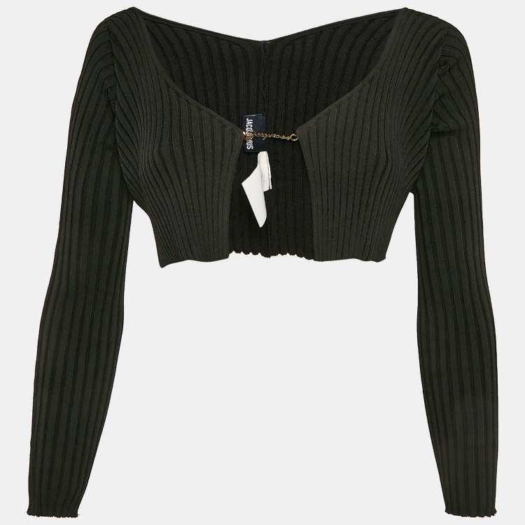 Pre Owned Jacquemus Black Rib Knit Logo Detail Cropped Cardigan M