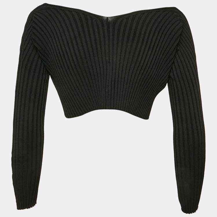 Pre Owned Jacquemus Black Rib Knit Logo Detail Cropped Cardigan M