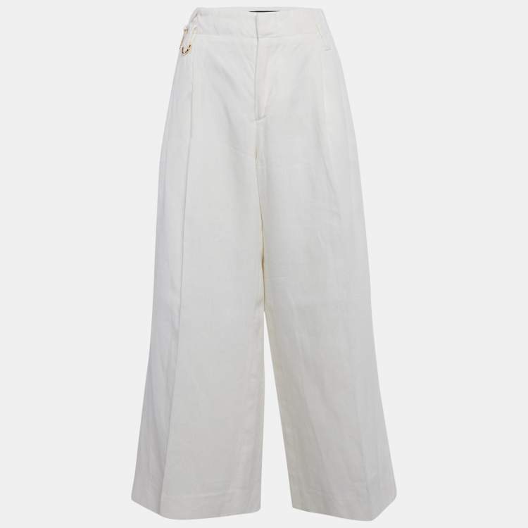 Pre Owned Jacquemus Off-White Linen Wide-Leg Cropped Pants L