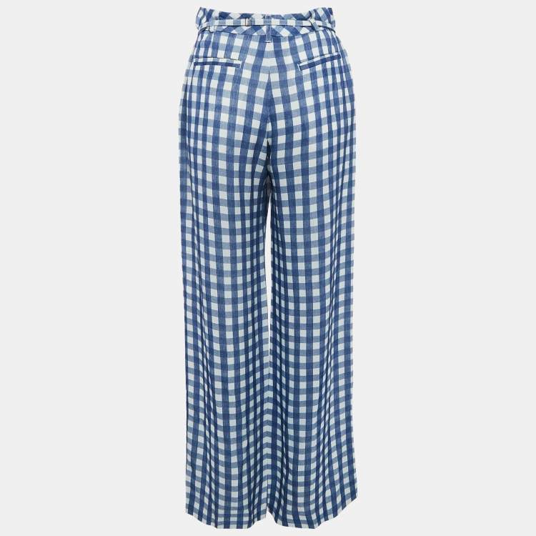 Pre Owned Jacquemus Blue/White Checked Crepe Straight Leg Trousers XS