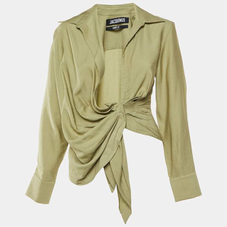 Pre Owned Jacquemus Green Crepe Le Bahia Tie Front Blouse XXS 