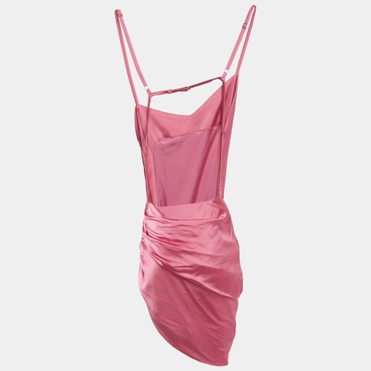 Pre Owned Jacquemus Pink Satin Ruche Asymmetric La Robe Saudade Short Dress M