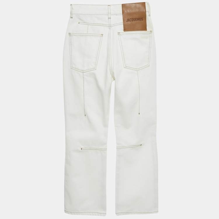 Pre Owned Jacquemus White Denim Leather Trim Straight Leg Jeans S Waist 24"