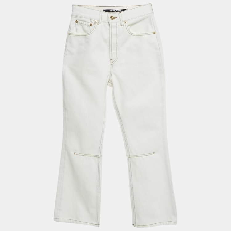 Pre Owned Jacquemus White Denim Leather Trim Straight Leg Jeans S Waist 24"