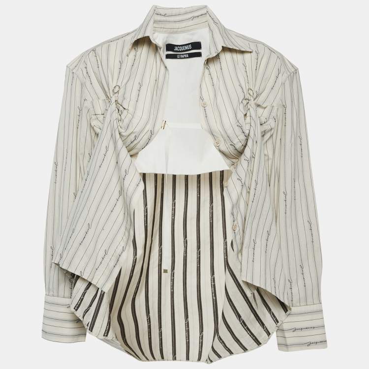 Pre Owned Jacquemus Beige/Brown Striped Cotton Ruche Detail Shirt XS