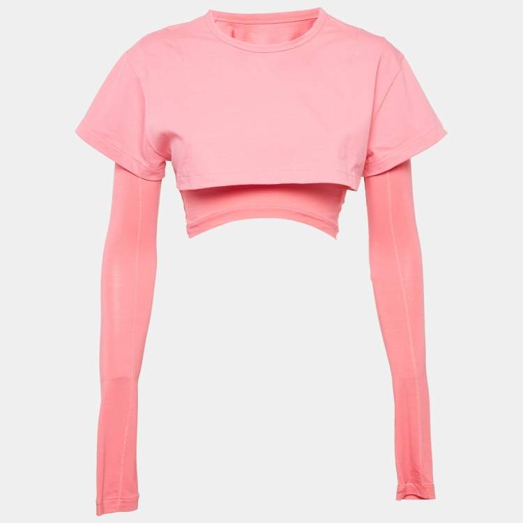 Pre Owned Jacquemus Pink Cotton knit & Lyocell Knit Le Double Crop T-Shirt S