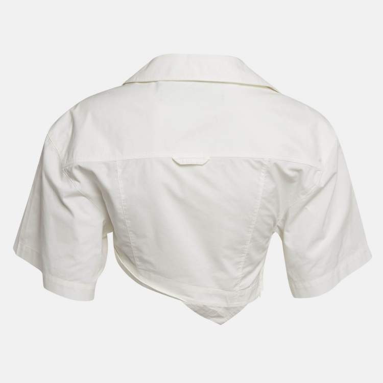 Pre Owned Jacquemus White Poplin Asymmetric Crop Top S