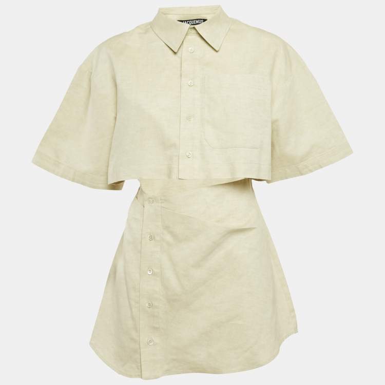 Pre Owned Jacquemus Light Green Cotton and Linen Button Front Cut-Out Mini Dress L