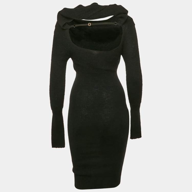 Pre Owned Jacquemus Black Mohair Rib Knit Off Shoulder Cut-Out Midi Dress M