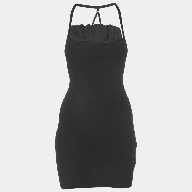 Pre Owned Jacquemus Black Rib Knit Detachable Ruffle Detail Mini Bodycon Dress S 