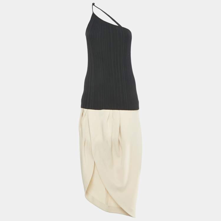 Pre Owned Jacquemus Black/Beige Rib Knit and Cotton Asymmetric Midi Dress M