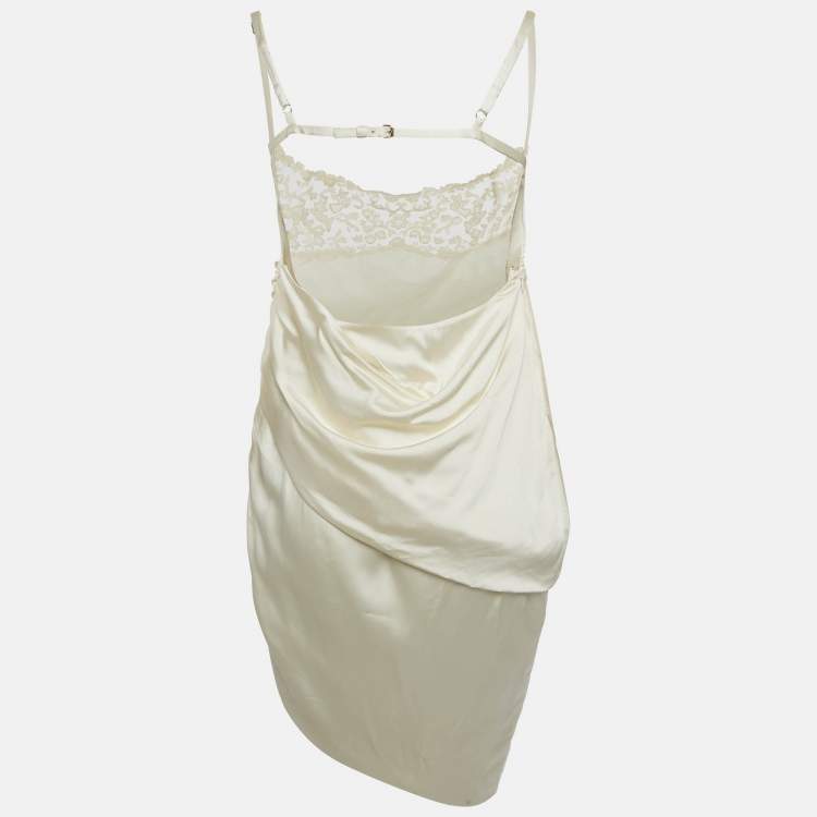 Pre Owned Jacquemus Cream Satin Asymmetrical Hem Saudade Slip Dress L