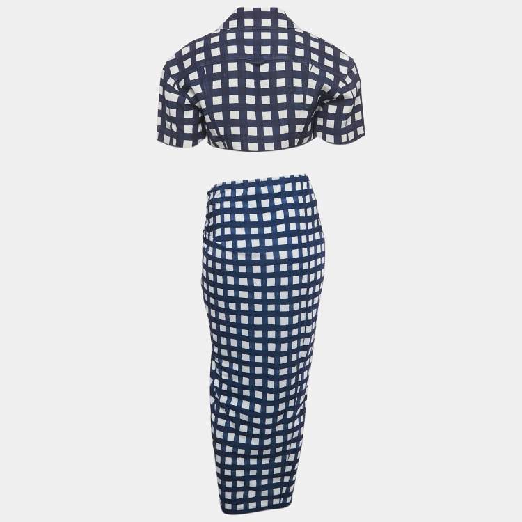 Pre Owned Jacquemus Navy Blue/White Checkered Silk Blend & Jersey Crop Top & Skirt Set S