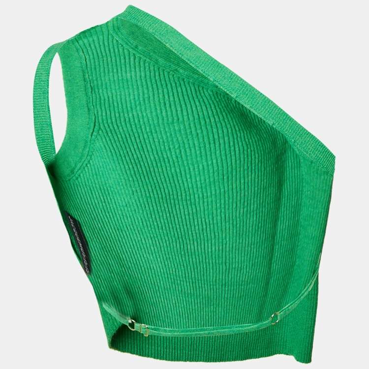 Pre Owned Jacquemus Green Linen Rib Knit One Shoulder Cropped Top S