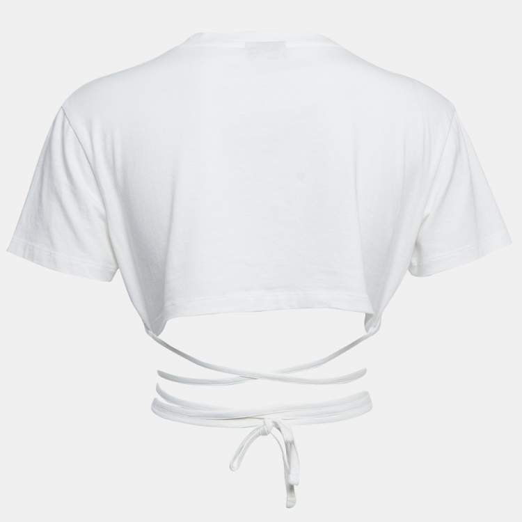 مملوكة مسبقًا Jacquemus White Cotton Tie Detail Short Sleeve Crop Top M