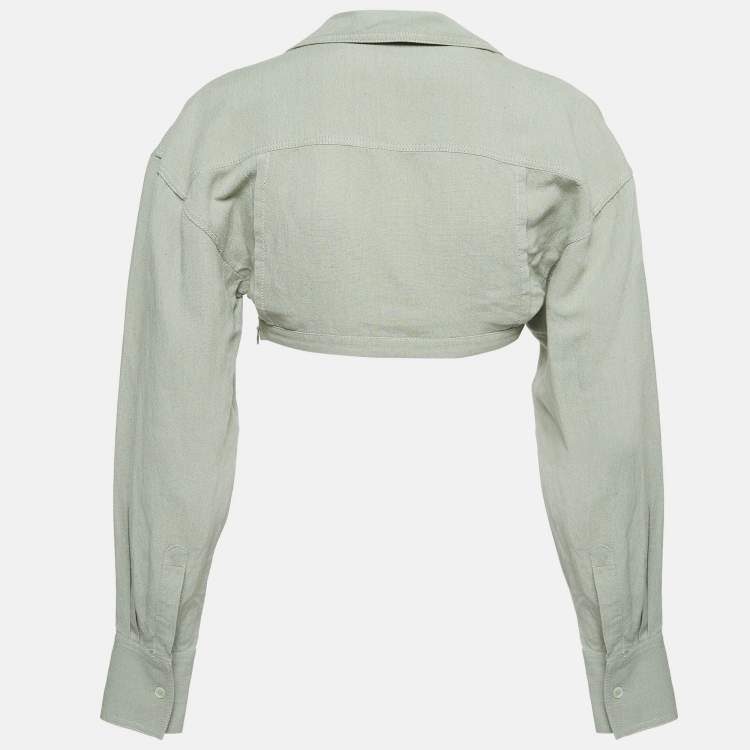 Pre Owned Jacquemus Green Linen Blend Asymmetric Crop Shirt S