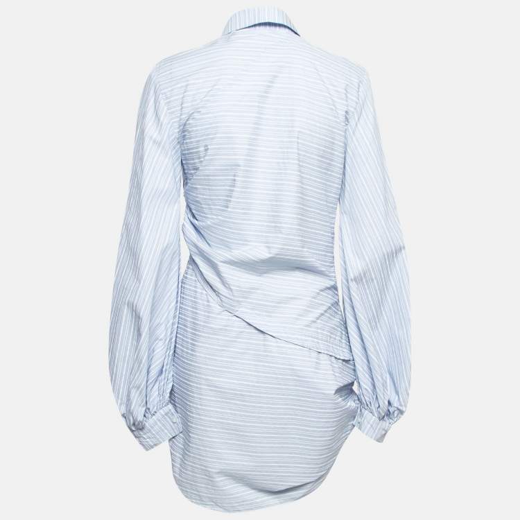 Pre Owned Jacquemus La Reconstruction Blue Stripe Patterned Cotton Ruched Mini Dress M