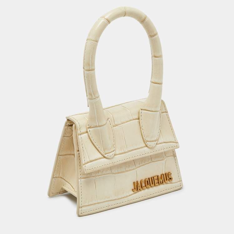 Pre Owned Jacquemus Cream Croc Embossed Leather Mini Le Chiquito Bag