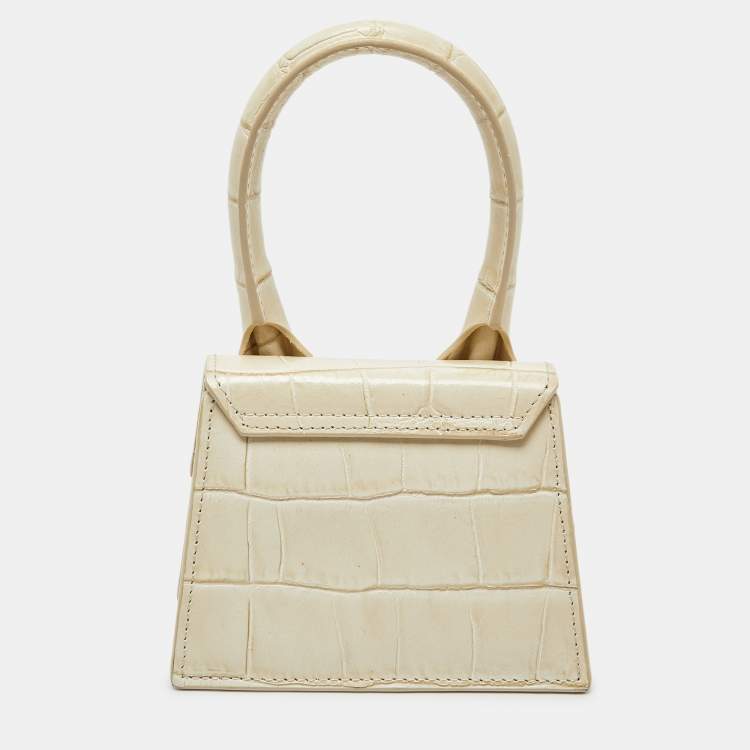Pre Owned Jacquemus Cream Croc Embossed Leather Mini Le Chiquito Bag