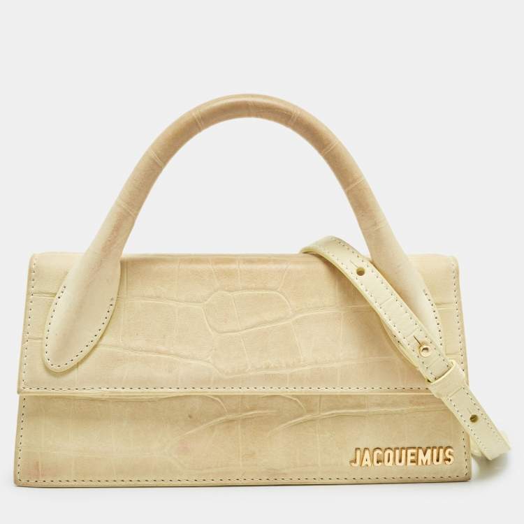 Pre Owned Jacquemus Light Yellow Croc Embossed Leather Long Le Chiquito Top Handle Bag