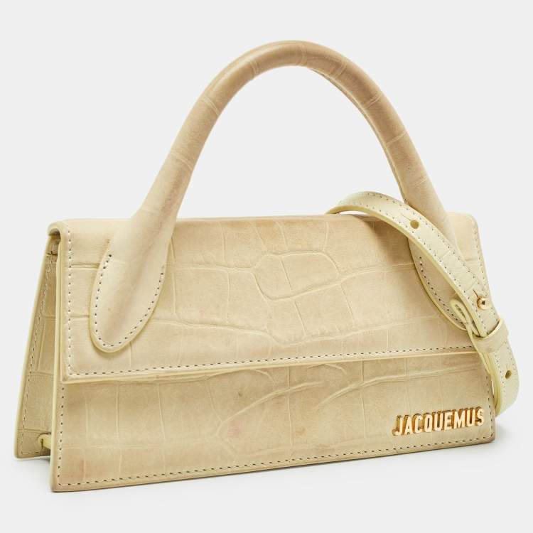 Pre Owned Jacquemus Light Yellow Croc Embossed Leather Long Le Chiquito Top Handle Bag