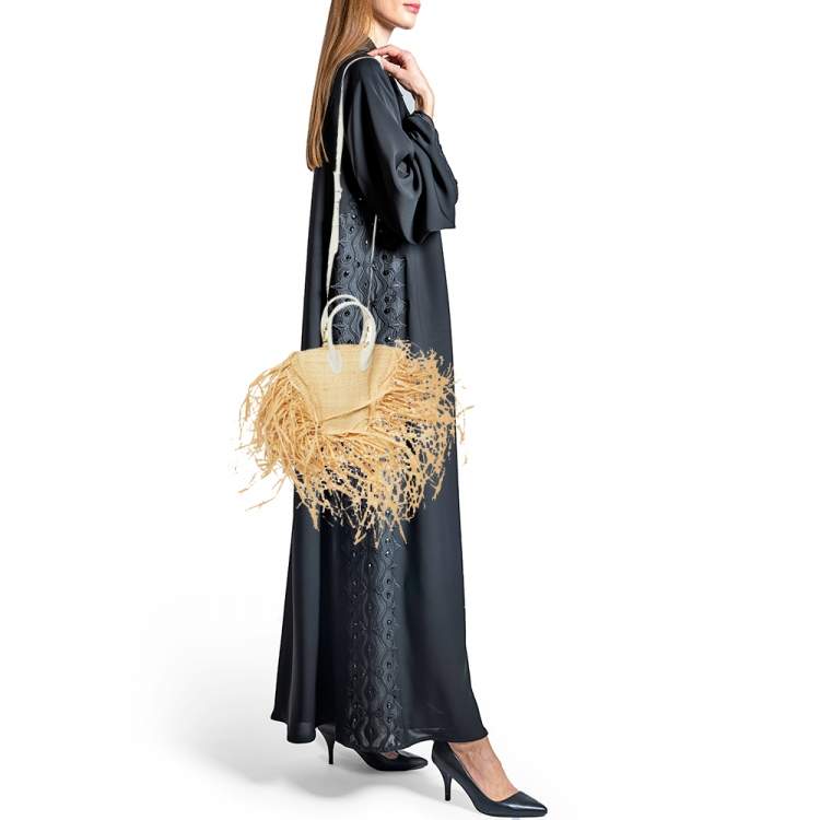 Pre Owned Jacquemus Cream/White Woven Raffia and Leather Let Petite Baci Shoulder Bag