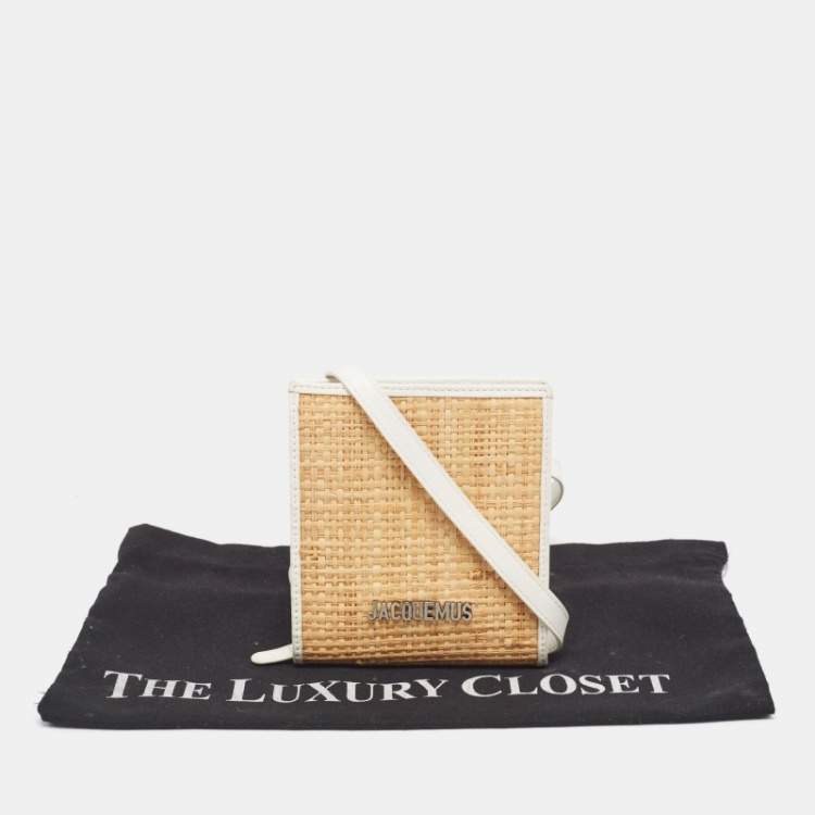 Pre Owned Jacquemus White/Tan Raffia Logo Neck Strap Bag