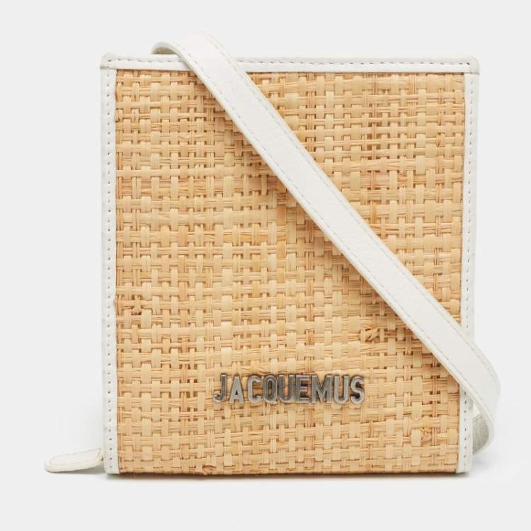Pre Owned Jacquemus White/Tan Raffia Logo Neck Strap Bag