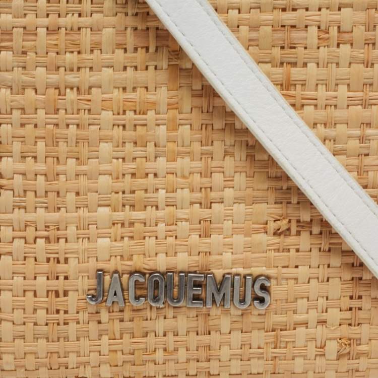 Pre Owned Jacquemus White/Tan Raffia Logo Neck Strap Bag
