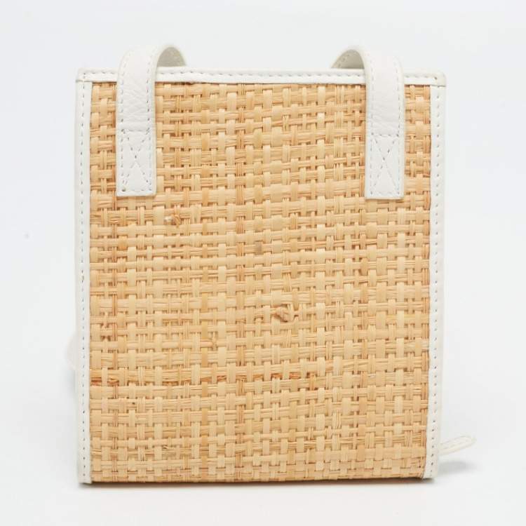 Pre Owned Jacquemus White/Tan Raffia Logo Neck Strap Bag