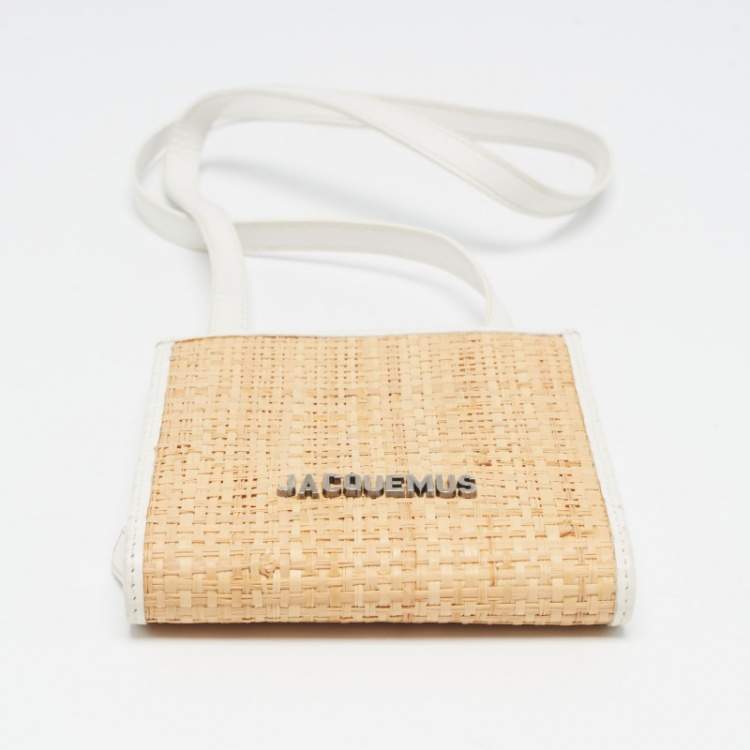 Pre Owned Jacquemus White/Tan Raffia Logo Neck Strap Bag