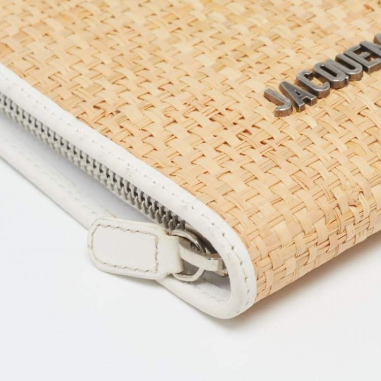 Pre Owned Jacquemus White/Tan Raffia Logo Neck Strap Bag