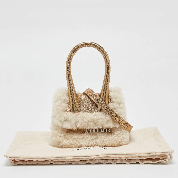 Pre Owned Jacquemus Gold Foil Leather and Shearling Mini Le Chiquito Top Handle Bag