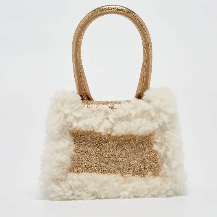 Pre Owned Jacquemus Gold Foil Leather and Shearling Mini Le Chiquito Top Handle Bag