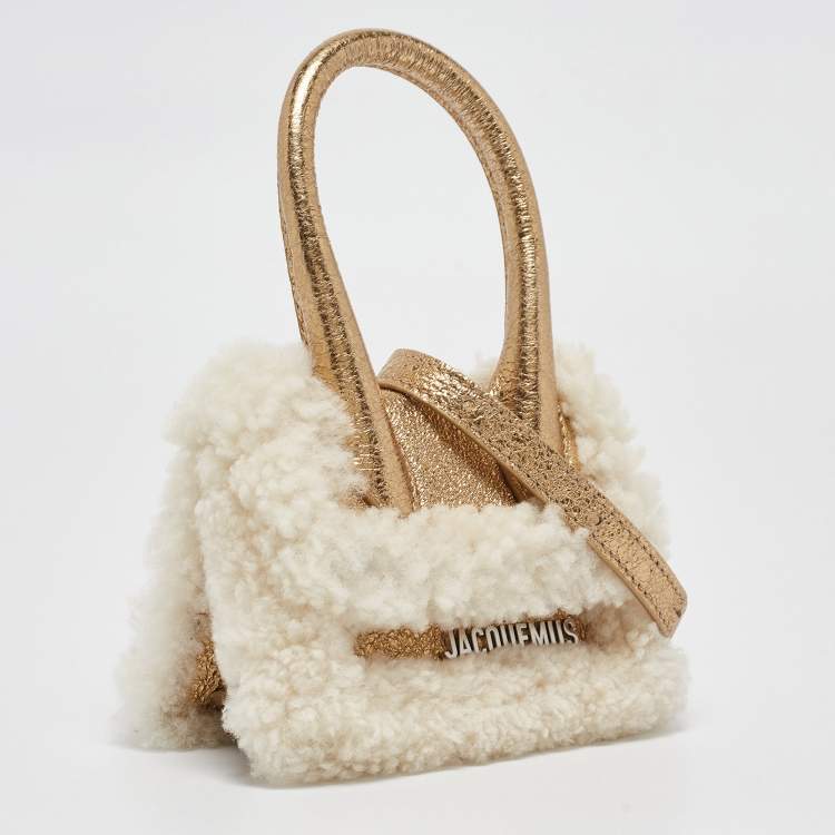 Pre Owned Jacquemus Gold Foil Leather and Shearling Mini Le Chiquito Top Handle Bag