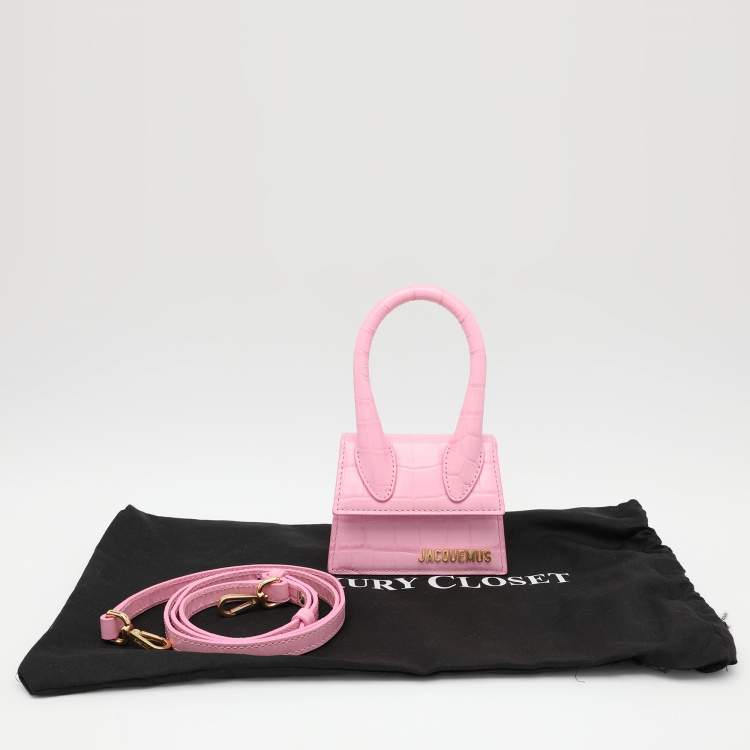 Pre Owned Jacquemus Pink Croc Embossed Leather Mini Le Chiquito Top Handle Bag