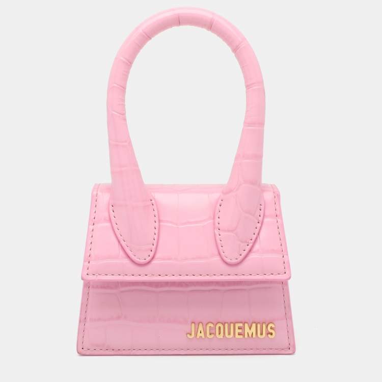 Pre Owned Jacquemus Pink Croc Embossed Leather Mini Le Chiquito Top Handle Bag