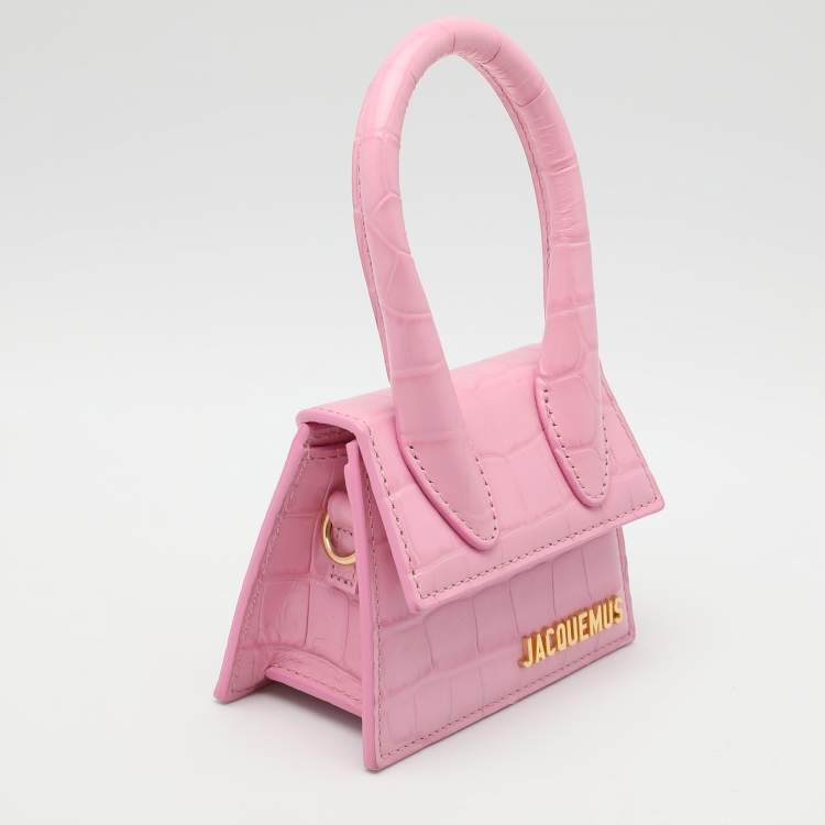 Pre Owned Jacquemus Pink Croc Embossed Leather Mini Le Chiquito Top Handle Bag