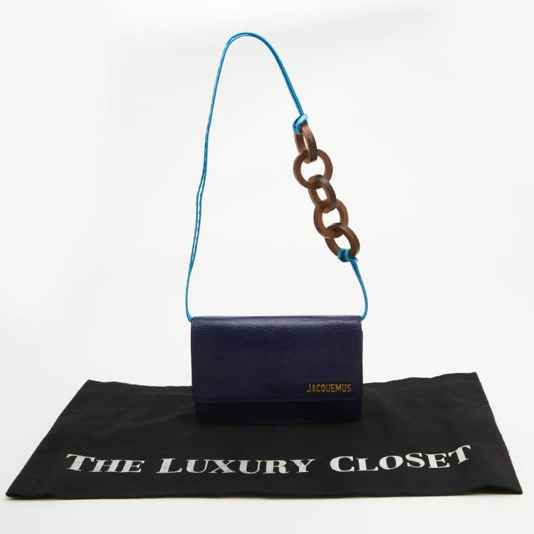Pre Owned Jacquemus Dark Blue Lizard Embosed Leather Le Riveira Shoulder Bag