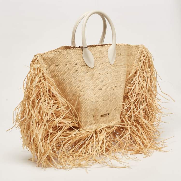Pre Owned Jacquemus Beige Woven Raffia and Leather Le Baci Fringe Tote