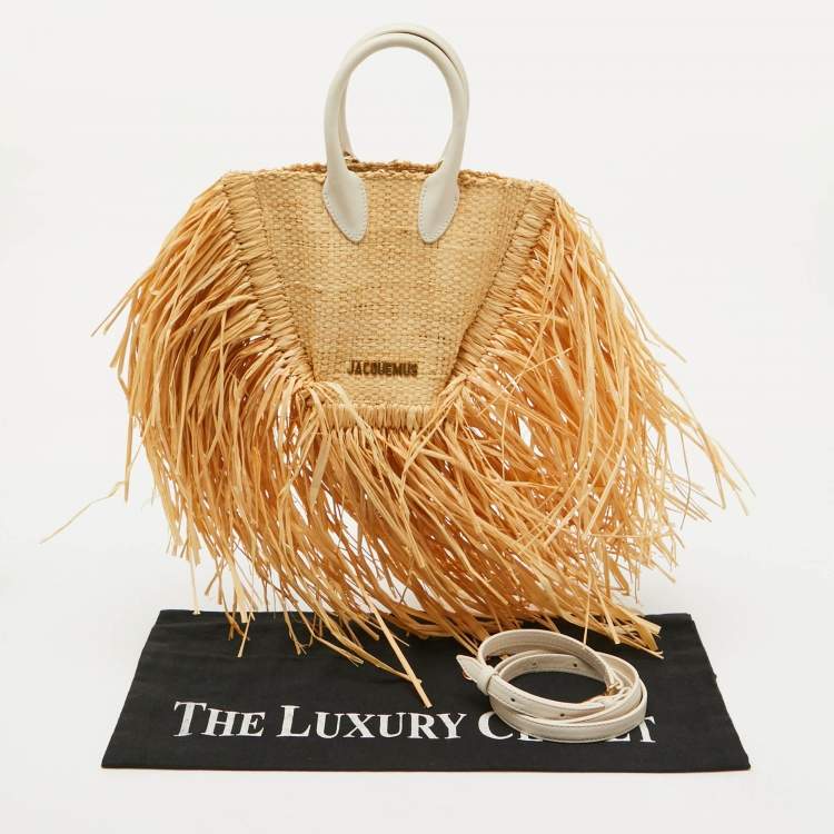 Pre Owned Jacquemus White/Natural Leather and Raffia Let Petite Baci Tote