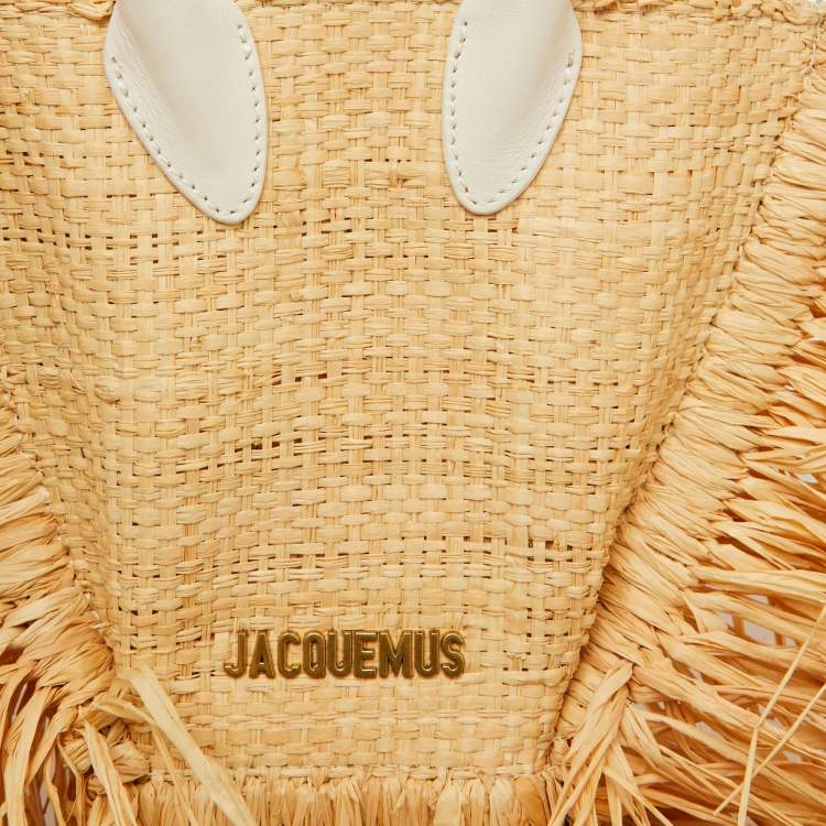 Pre Owned Jacquemus White/Natural Leather and Raffia Let Petite Baci Tote