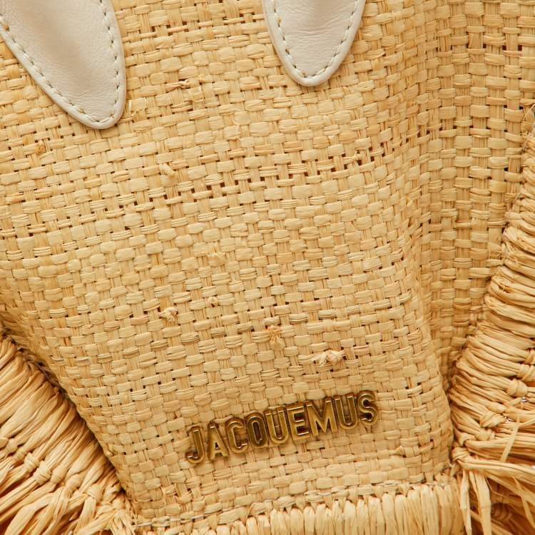 Pre Owned Jacquemus White/Natural Leather and Raffia Let Petite Baci Tote