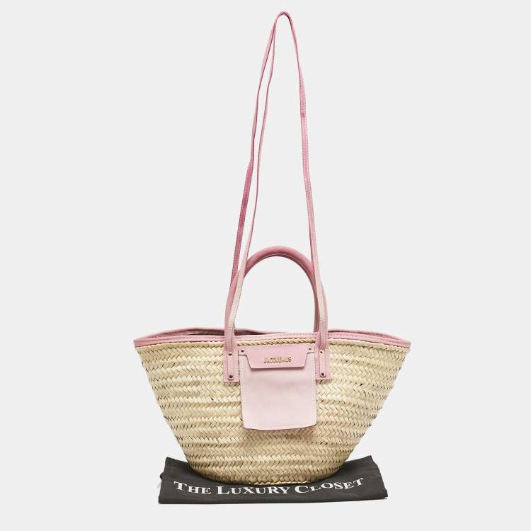 Pre Owned Jacquemus Light Pink/Cream Woven Raffia and Nubuck Leather Le Panier Soleil Tote