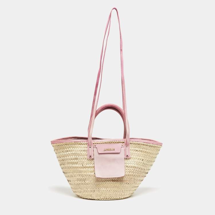Pre Owned Jacquemus Light Pink/Cream Woven Raffia and Nubuck Leather Le Panier Soleil Tote