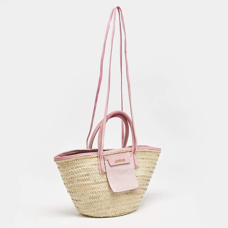 Pre Owned Jacquemus Light Pink/Cream Woven Raffia and Nubuck Leather Le Panier Soleil Tote