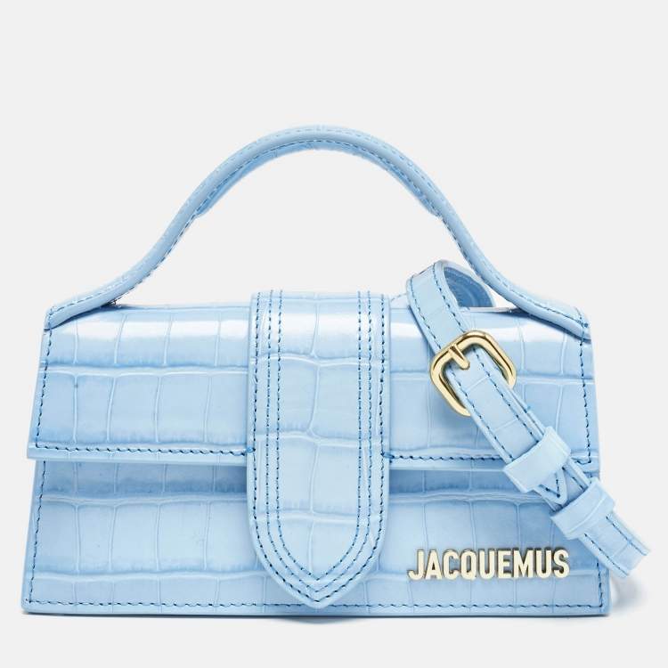 Pre Owned Jacquemus Light Blue Croc Embossed Leather Mini Le Bambino Top Handle Bag